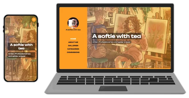 Notebook y celular en visión frontal con página web Asoftiewithtea