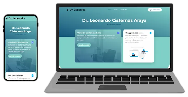 Notebook y celular en visión frontal con página web Dr. Leonardo C. A.