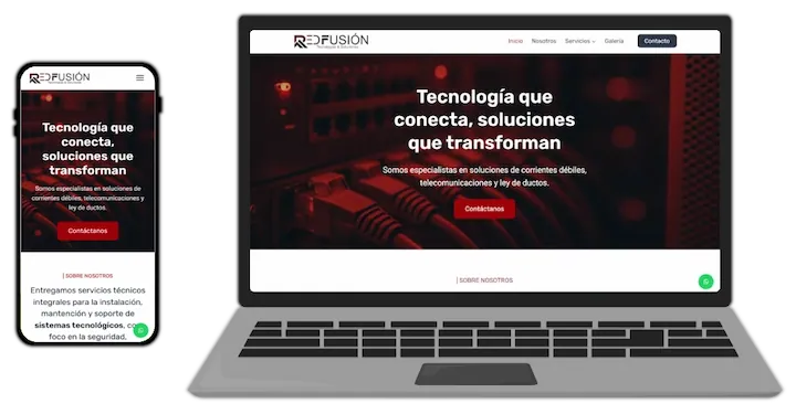 Notebook y celular en visión frontal con página web RedFusión