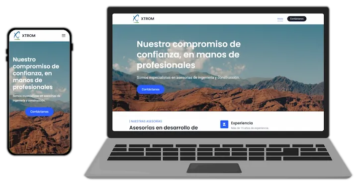 Notebook y celular en visión frontal con página web XTROM
