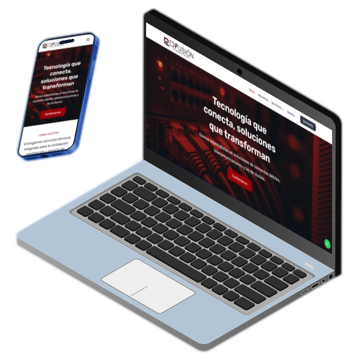Notebook y celular panorámicos con página web RedFusión