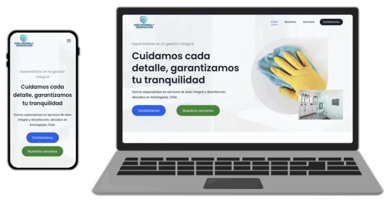 Notebook y celular AP con página web Aseo integral y Desinfección